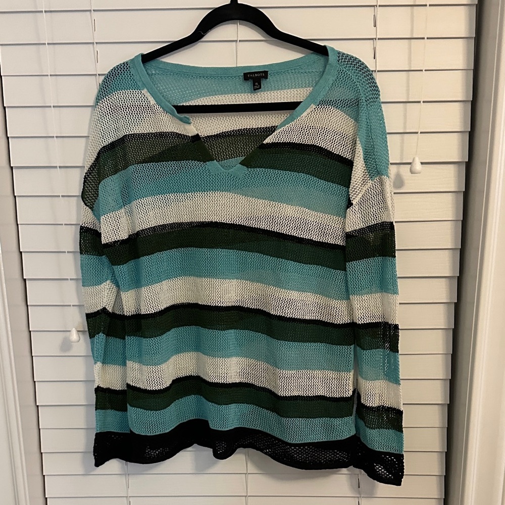 GAP Striped V-Neck Sweater - Teal, Dark Green, and White